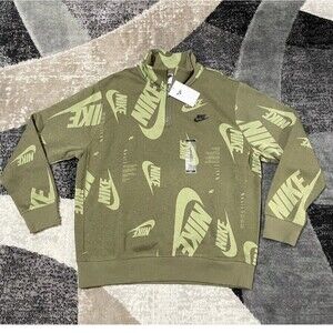 New ARMY Nike - Men Club 1/4 Zip Swoosh Hoodie - Medium Olive/Black DQ5155- 222